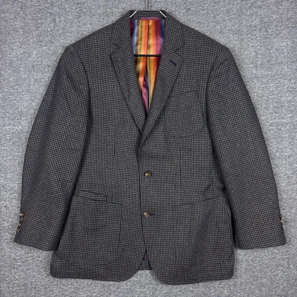 Q by Flynt Sport Coat Blazer Mens 40R Brown Houndstooth Tweed Wool Silk Bateman